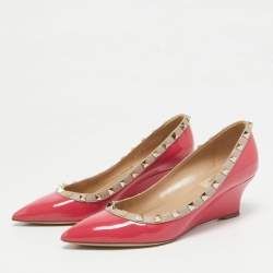 Pre Owned Valentino Red/Beige Patent and Leather Wedge Rockstud Pumps Size 38