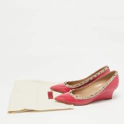 Pre Owned Valentino Red/Beige Patent and Leather Wedge Rockstud Pumps Size 38