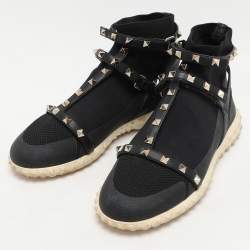 Valentino Black Knit Fabric and Leather Rockstud Bodytech High Top Sneakers Size 38