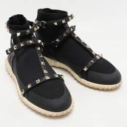 Valentino Black Knit Fabric and Leather Rockstud Bodytech High Top Sneakers Size 38