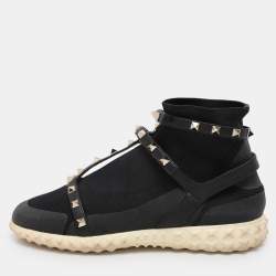 Valentino Black Knit Fabric and Leather Rockstud Bodytech High Top Sneakers Size 38