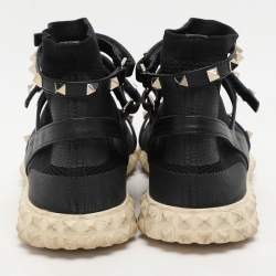 Valentino Black Knit Fabric and Leather Rockstud Bodytech High Top Sneakers Size 38