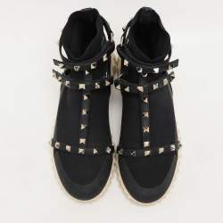 Valentino Black Knit Fabric and Leather Rockstud Bodytech High Top Sneakers Size 38