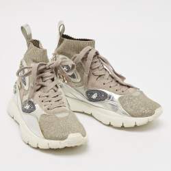 Valentino Silver Knit Fabric and Leather Crystal Embellished High Top Sneakers Size 37.5