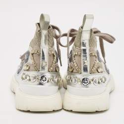 Valentino Silver Knit Fabric and Leather Crystal Embellished High Top Sneakers Size 37.5