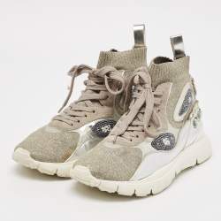 Valentino Silver Knit Fabric and Leather Crystal Embellished High Top Sneakers Size 37.5
