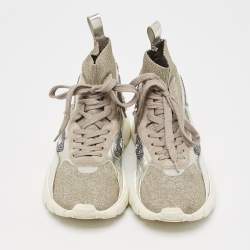 Valentino Silver Knit Fabric and Leather Crystal Embellished High Top Sneakers Size 37.5