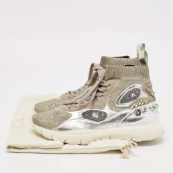 Valentino Silver Knit Fabric and Leather Crystal Embellished High Top Sneakers Size 37.5