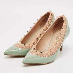 Valentino Blue/Beige Knit Fabric and Patent Leather Rockstud Pumps Size 38