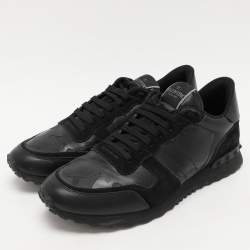 Valentino Black/Grey Suede And Camo Nylon Rockstud Sneakers Size 42