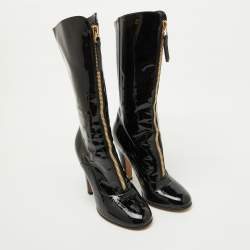 Valentino Black Patent Leather Zip Detail Mid Calf Length Boots Size 40