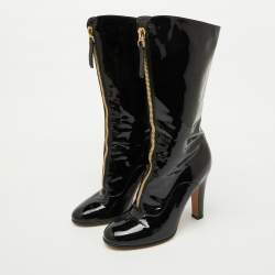Valentino Black Patent Leather Zip Detail Mid Calf Length Boots Size 40
