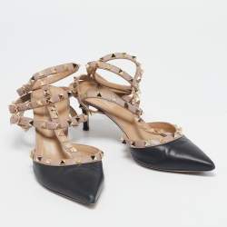 Valentino Black/Beige Leather Rockstud Ankle Strap Pumps Size 40