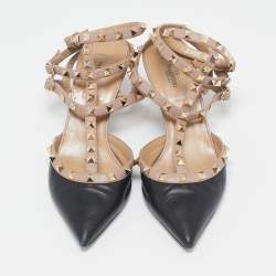 Valentino Black/Beige Leather Rockstud Ankle Strap Pumps Size 40