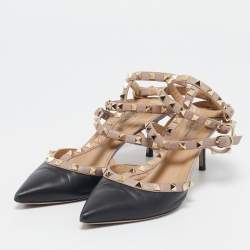 Valentino Black/Beige Leather Rockstud Ankle Strap Pumps Size 40