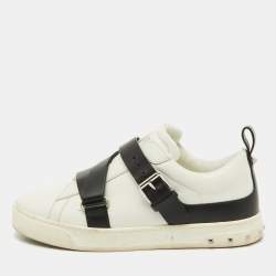 Valentino White/Black Leather Buckle Strap Rockstud Low Top Sneakers Size 37.5