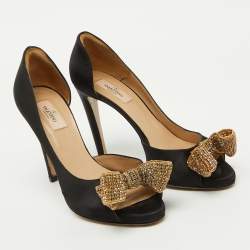 Valentino Black Satin Crystal Embellished Bow D'Orsay Pumps Size 39.5
