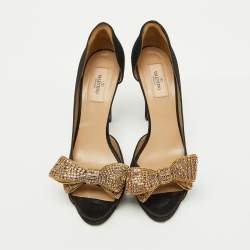 Valentino Black Satin Crystal Embellished Bow D'Orsay Pumps Size 39.5