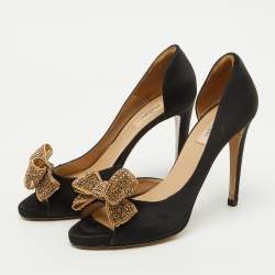 Valentino Black Satin Crystal Embellished Bow D'Orsay Pumps Size 39.5