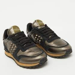Valentino Metallic/Black Leather and Suede Rockrunner Sneakers Size 37