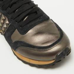 Valentino Metallic/Black Leather and Suede Rockrunner Sneakers Size 37