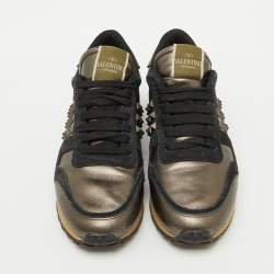 Valentino Metallic/Black Leather and Suede Rockrunner Sneakers Size 37