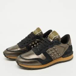 Valentino Metallic/Black Leather and Suede Rockrunner Sneakers Size 37