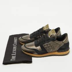 Valentino Metallic/Black Leather and Suede Rockrunner Sneakers Size 37