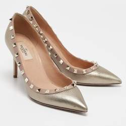 Pre Owned Valentino Metallic/Beige Leather Rockstud Pumps Size 38