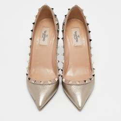 Pre Owned Valentino Metallic/Beige Leather Rockstud Pumps Size 38