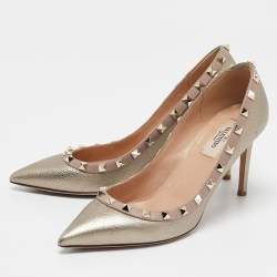 Pre Owned Valentino Metallic/Beige Leather Rockstud Pumps Size 38