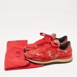 Valentino Red Lace and Suede Rockrunner Lace Up Sneakers Size 37.5