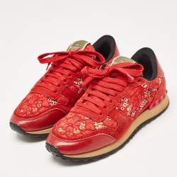 Valentino Red Lace and Suede Rockrunner Lace Up Sneakers Size 37.5