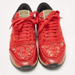 Valentino Red Lace and Suede Rockrunner Lace Up Sneakers Size 37.5