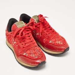 Valentino Red Lace and Suede Rockrunner Lace Up Sneakers Size 37.5