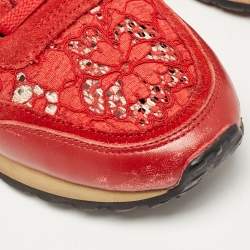 Valentino Red Lace and Suede Rockrunner Lace Up Sneakers Size 37.5
