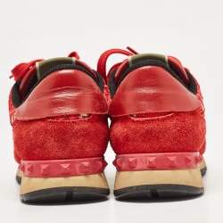 Valentino Red Lace and Suede Rockrunner Lace Up Sneakers Size 37.5