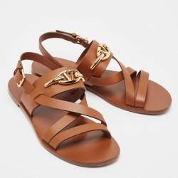Pre Owned Valentino Brown Leather Escape V logo Slingback Sandals Size 38