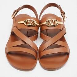 Pre Owned Valentino Brown Leather Escape V logo Slingback Sandals Size 38