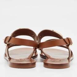 Pre Owned Valentino Brown Leather Escape V logo Slingback Sandals Size 38