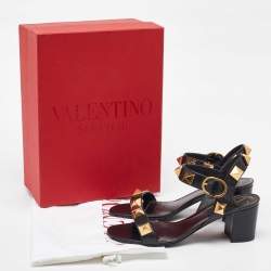 Pre Owned Valentino Black Leather Roman Stud Ankle Strap Sandals Size 39.5