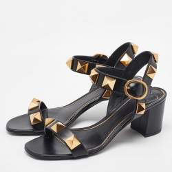 Pre Owned Valentino Black Leather Roman Stud Ankle Strap Sandals Size 39.5