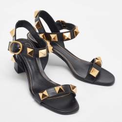 Pre Owned Valentino Black Leather Roman Stud Ankle Strap Sandals Size 39.5