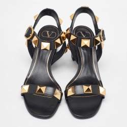 Pre Owned Valentino Black Leather Roman Stud Ankle Strap Sandals Size 39.5
