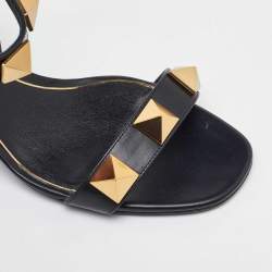 Pre Owned Valentino Black Leather Roman Stud Ankle Strap Sandals Size 39.5