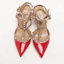 مملوكة مسبقًا Valentino Red/Beige Patent Leather Rockstud Ankle Strap Pumps Size 40