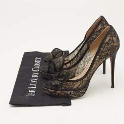 Valentino Black Lace and Mesh Bow Peep Toe Platform Pumps Size 38