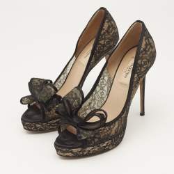 Valentino Black Lace and Mesh Bow Peep Toe Platform Pumps Size 38