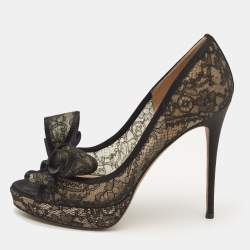 Valentino Black Lace and Mesh Bow Peep Toe Platform Pumps Size 38
