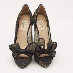Valentino Black Lace and Mesh Bow Peep Toe Platform Pumps Size 38
